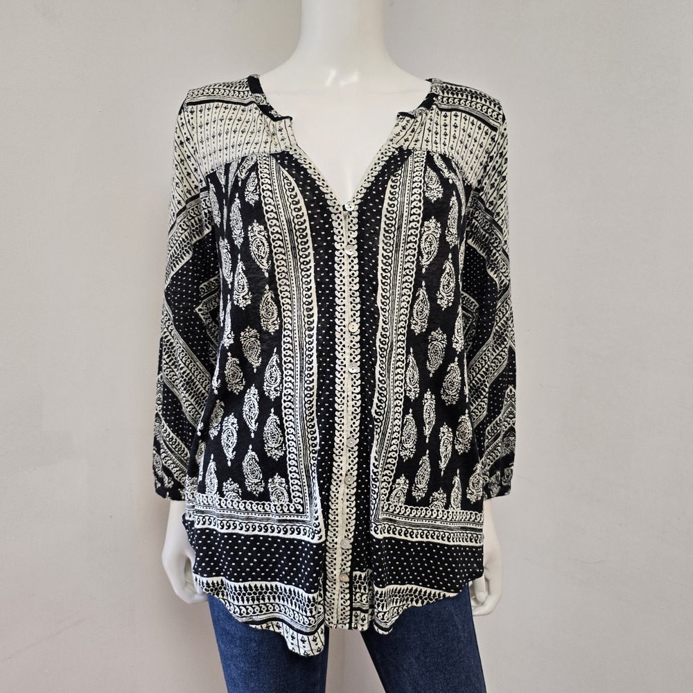 Lucky Brand Top Shirt Size L Linen Blend Mixed Prints 3/4 Sleeve Button Down